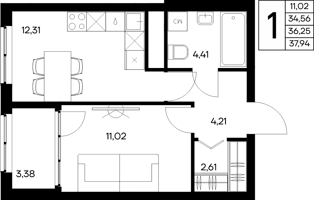 1-к, 37.94 м² · Листория