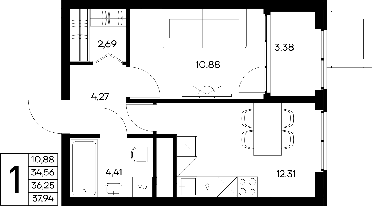 1-к, 37.94 м² · Листория