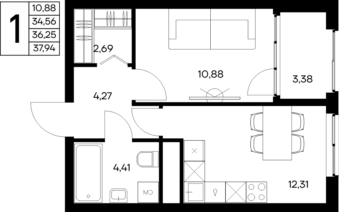 1-к, 37.94 м² · Листория