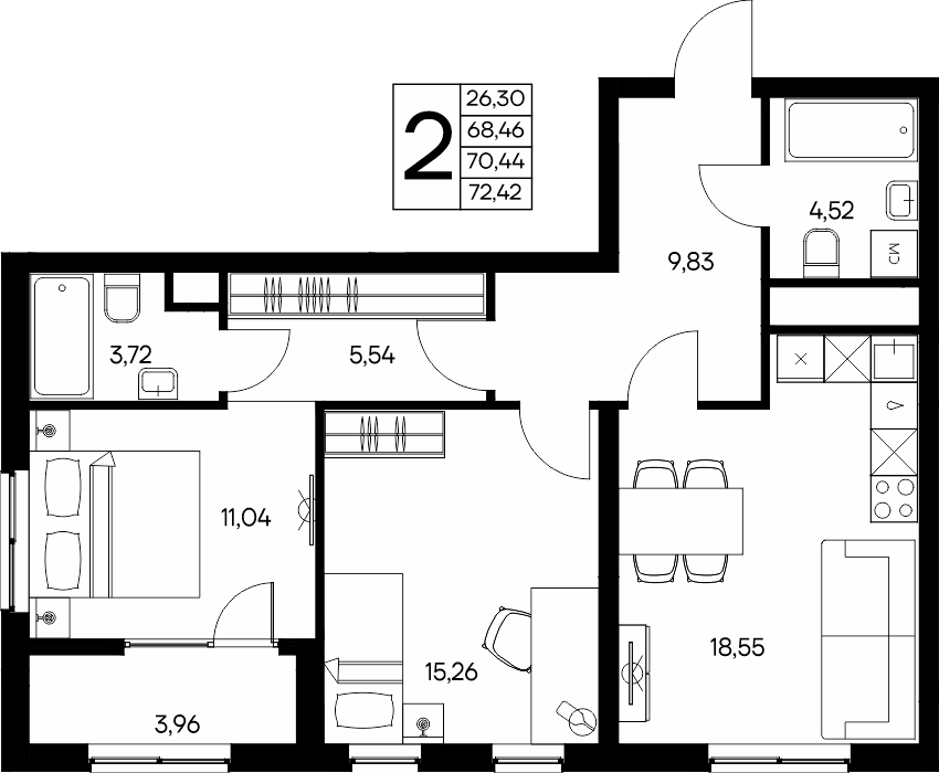 2-к, 72.42 м² · Листория