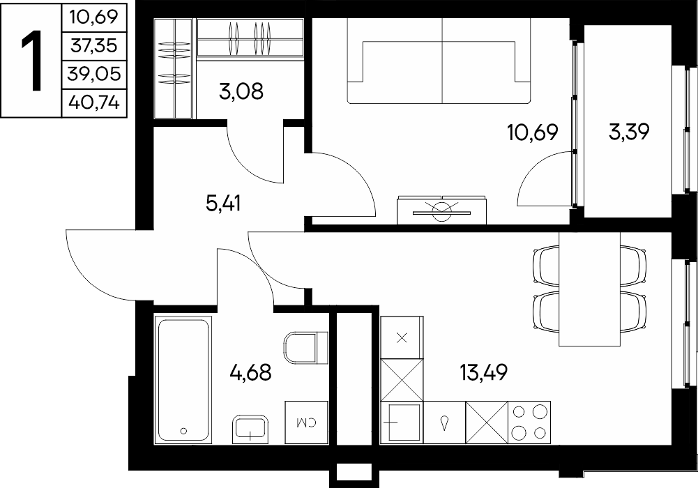 1-к, 40.74 м² · Листория