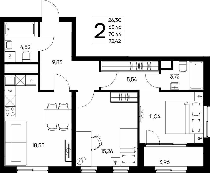2-к, 72.42 м² · Листория