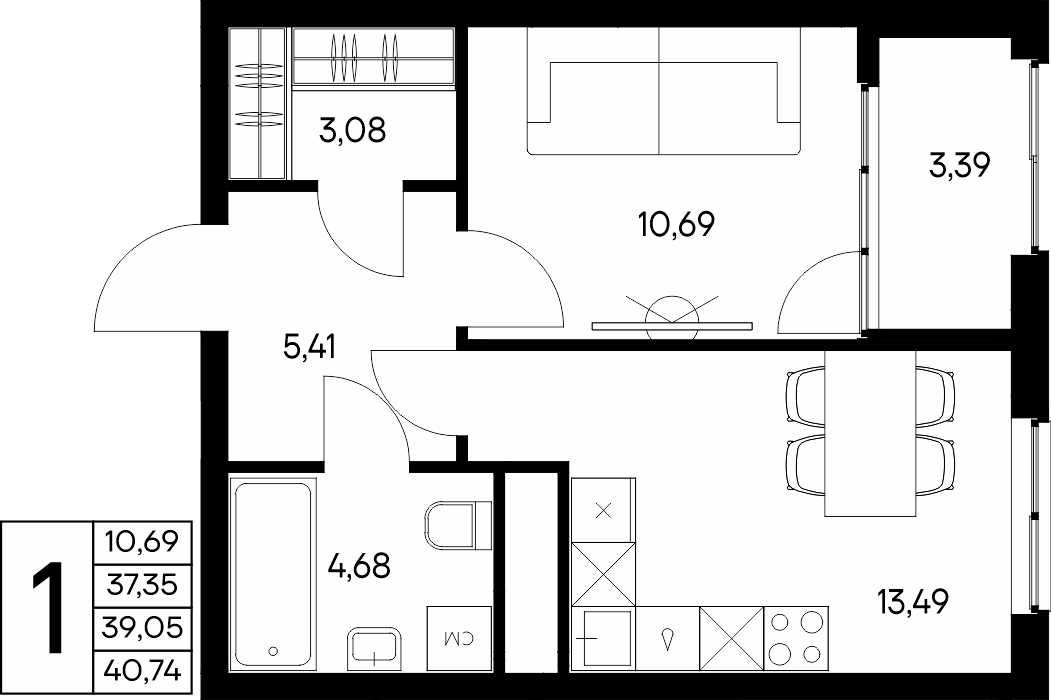 1-к, 40.74 м² · Листория