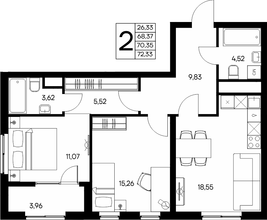 2-к, 72.33 м² · Листория