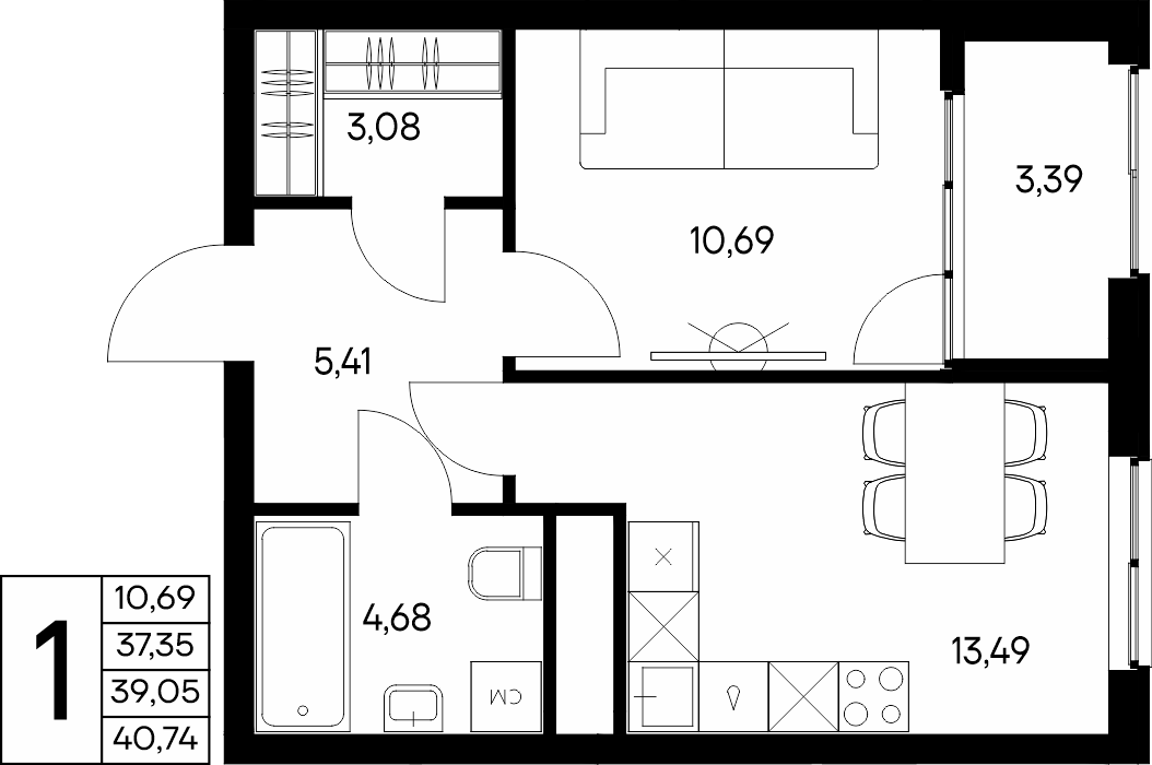 1-к, 40.74 м² · Листория