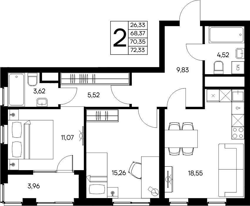 2-к, 72.33 м² · Листория
