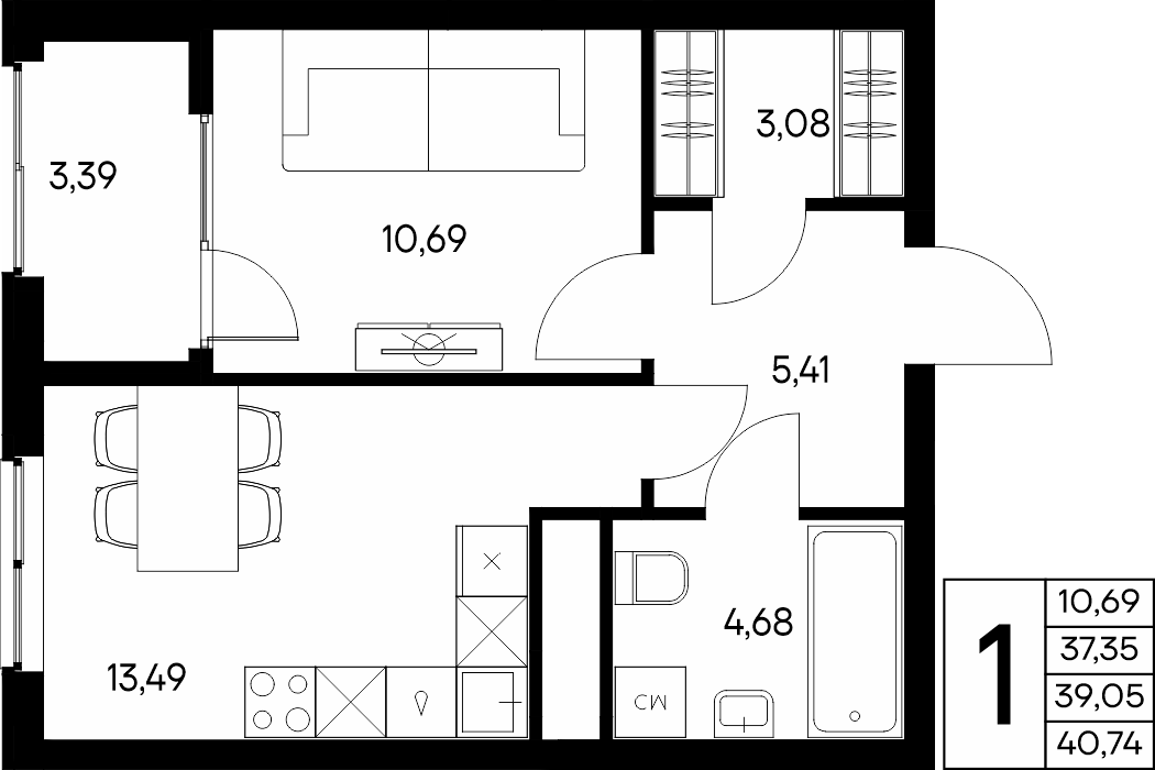 1-к, 40.74 м² · Листория
