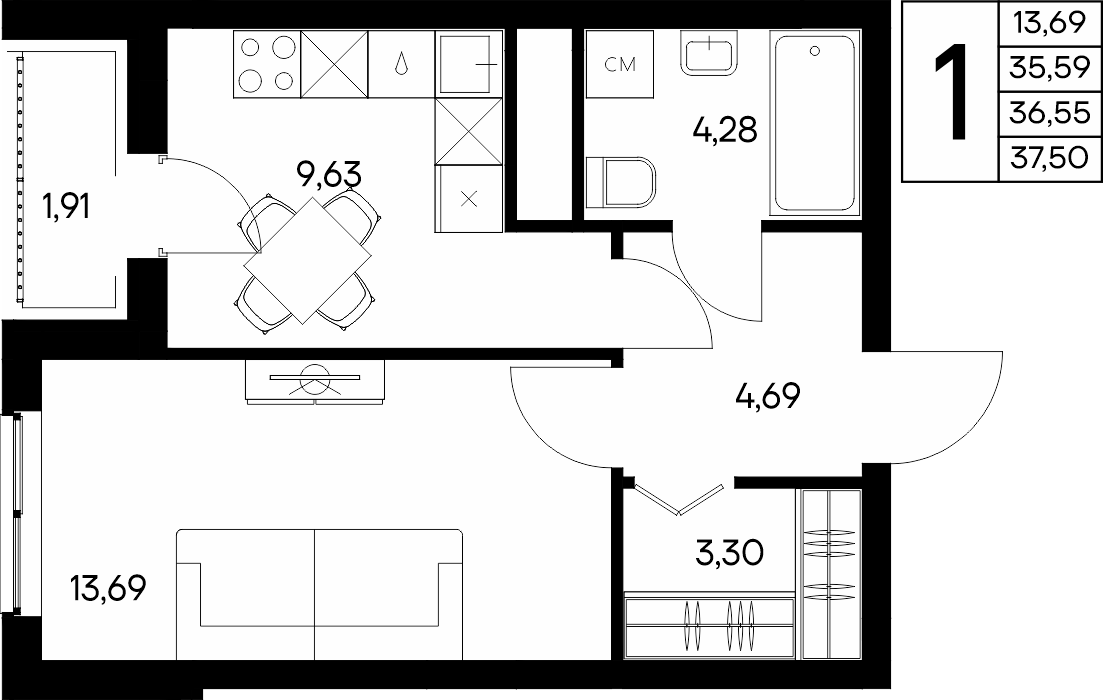 1-к, 37.5 м² · Листория