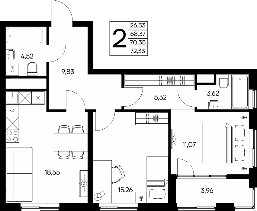 2-к, 72.33 м² · Листория