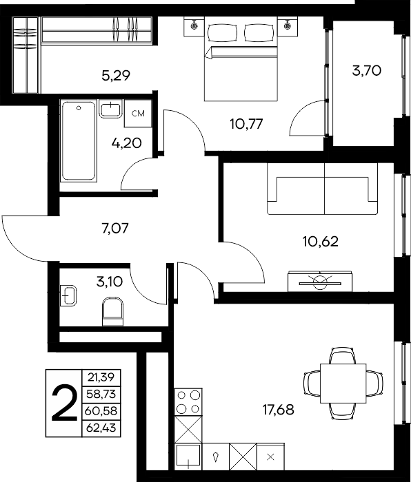 2-к, 62.43 м² · Листория