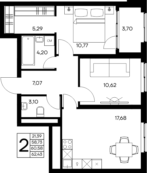 2-к, 62.43 м² · Листория
