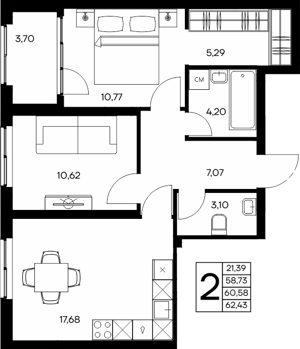 2-к, 62.43 м² · Листория