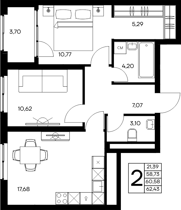 2-к, 62.43 м² · Листория