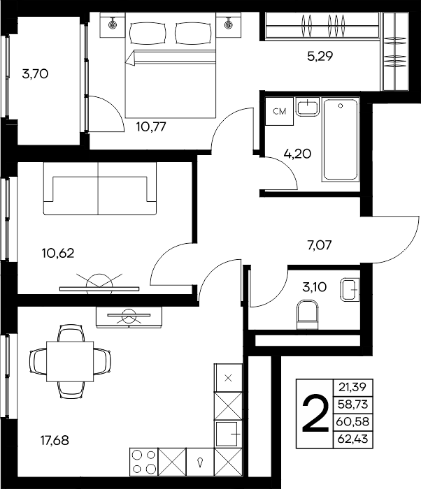 2-к, 62.43 м² · Листория