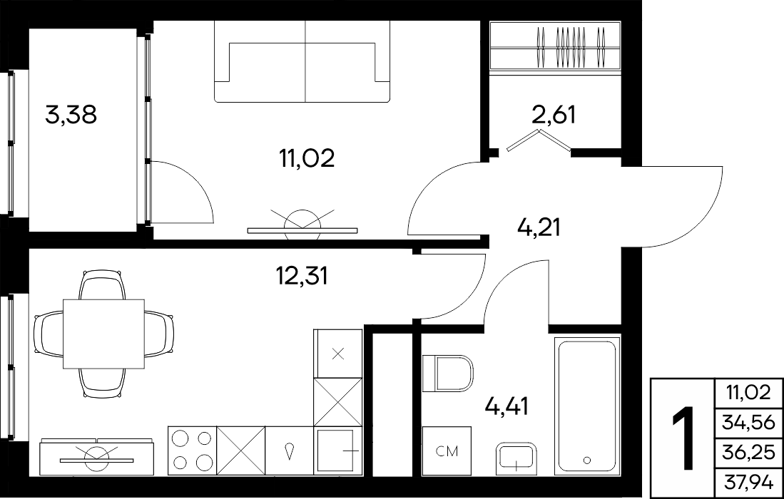 1-к, 37.94 м² · Листория