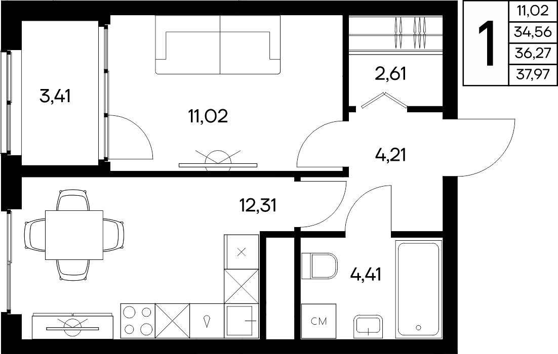 1-к, 37.97 м² · Листория
