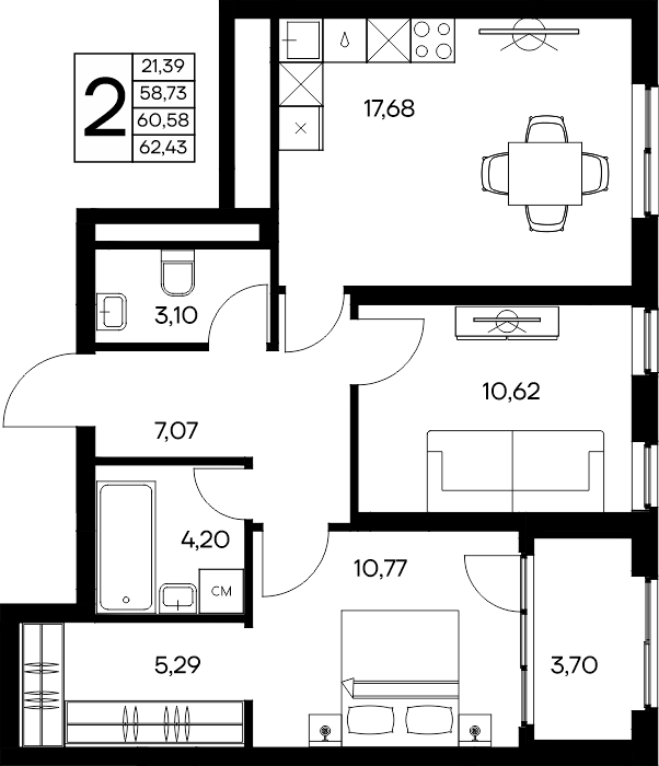 2-к, 62.43 м² · Листория