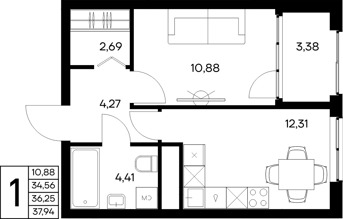 1-к, 37.94 м² · Листория