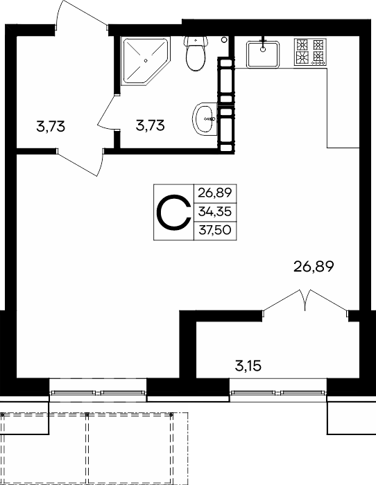 Студия, 37.5 м² · Семисчастье