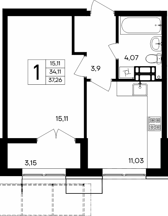 1-к, 37.26 м² · Семисчастье