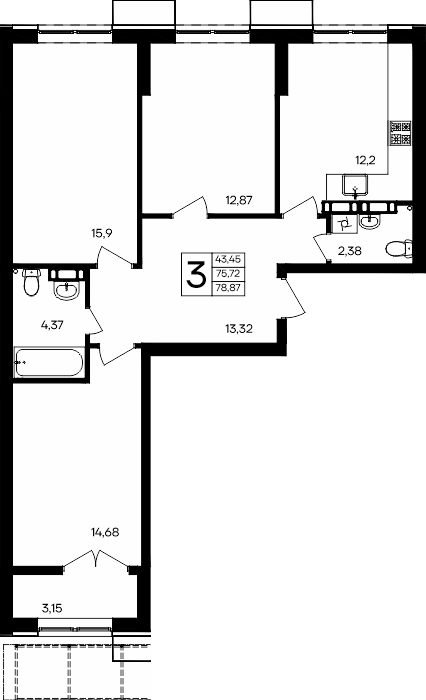 3-к, 78.87 м² · Семисчастье
