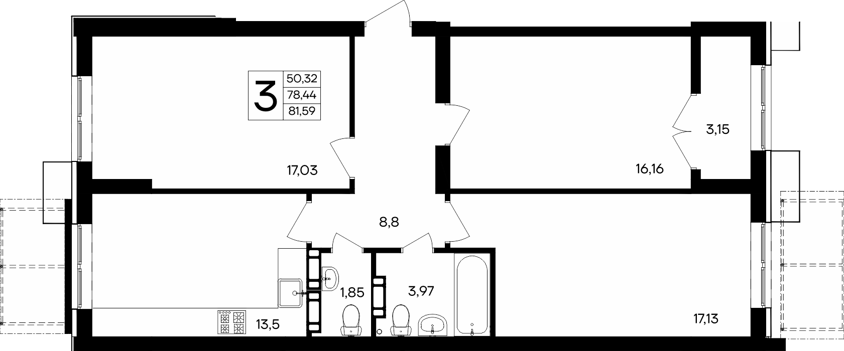 3-к, 81.59 м² · Семисчастье