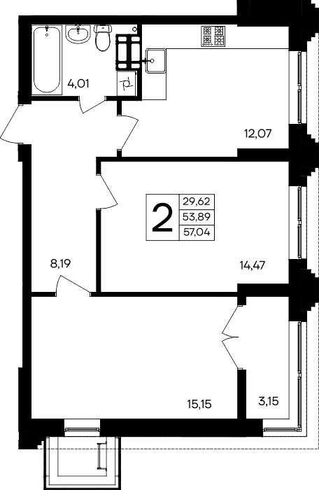 2-к, 57.04 м² · Семисчастье