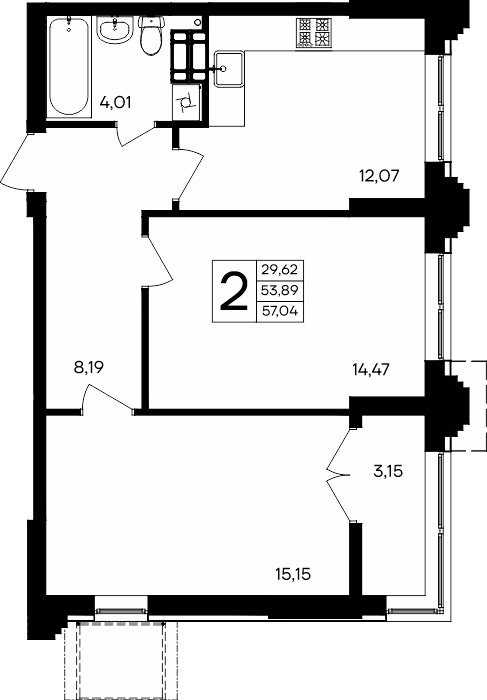 2-к, 57.04 м² · Семисчастье