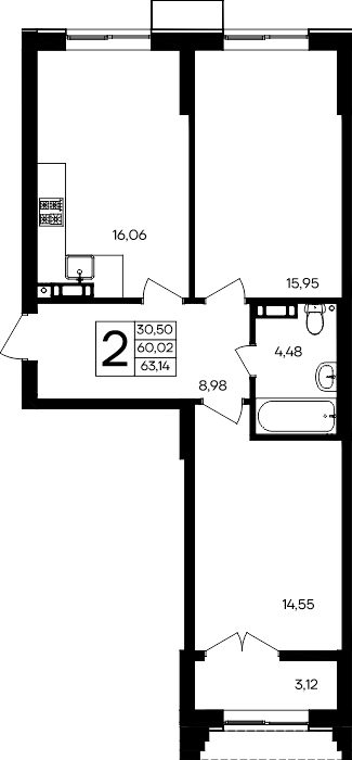 2-к, 63.14 м² · Семисчастье