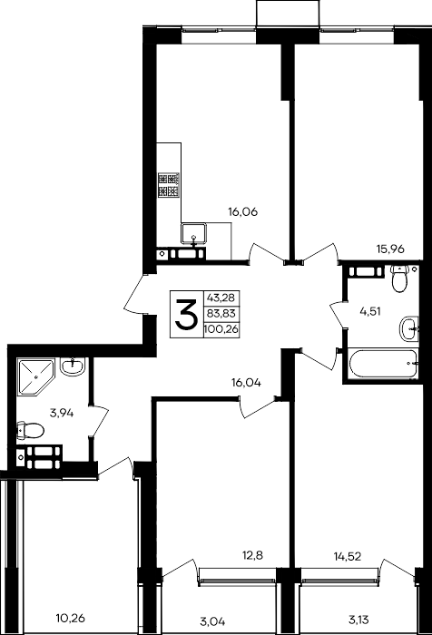 3-к, 100.26 м² · Семисчастье