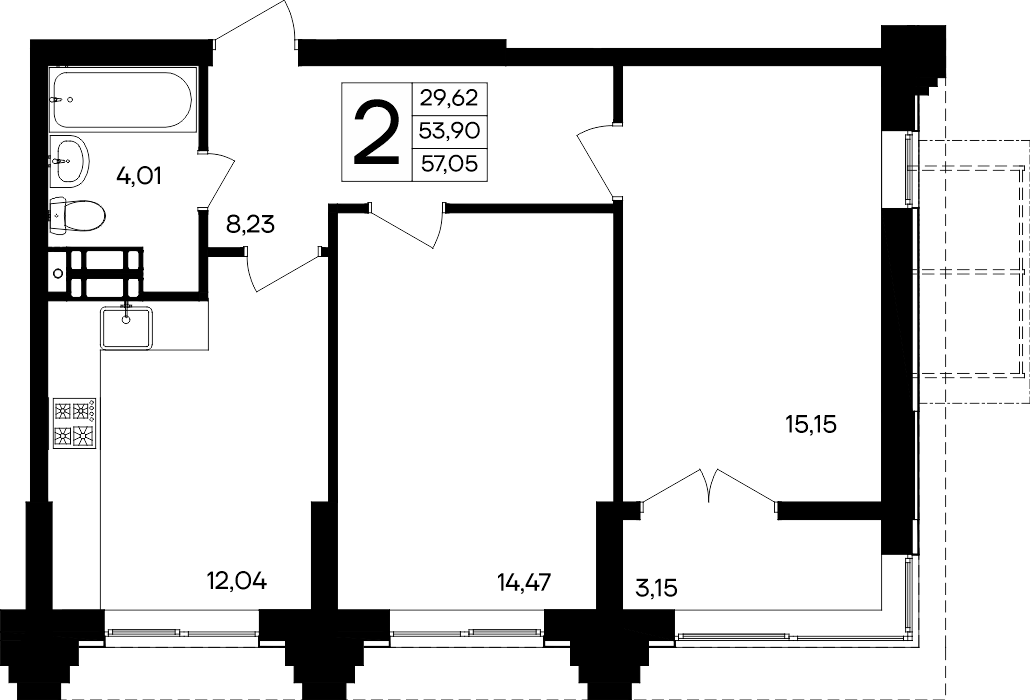 2-к, 57.05 м² · Семисчастье