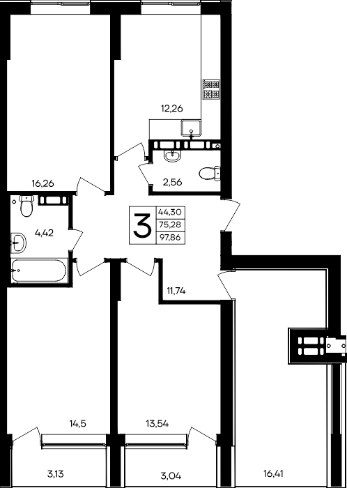 3-к, 97.86 м² · Семисчастье