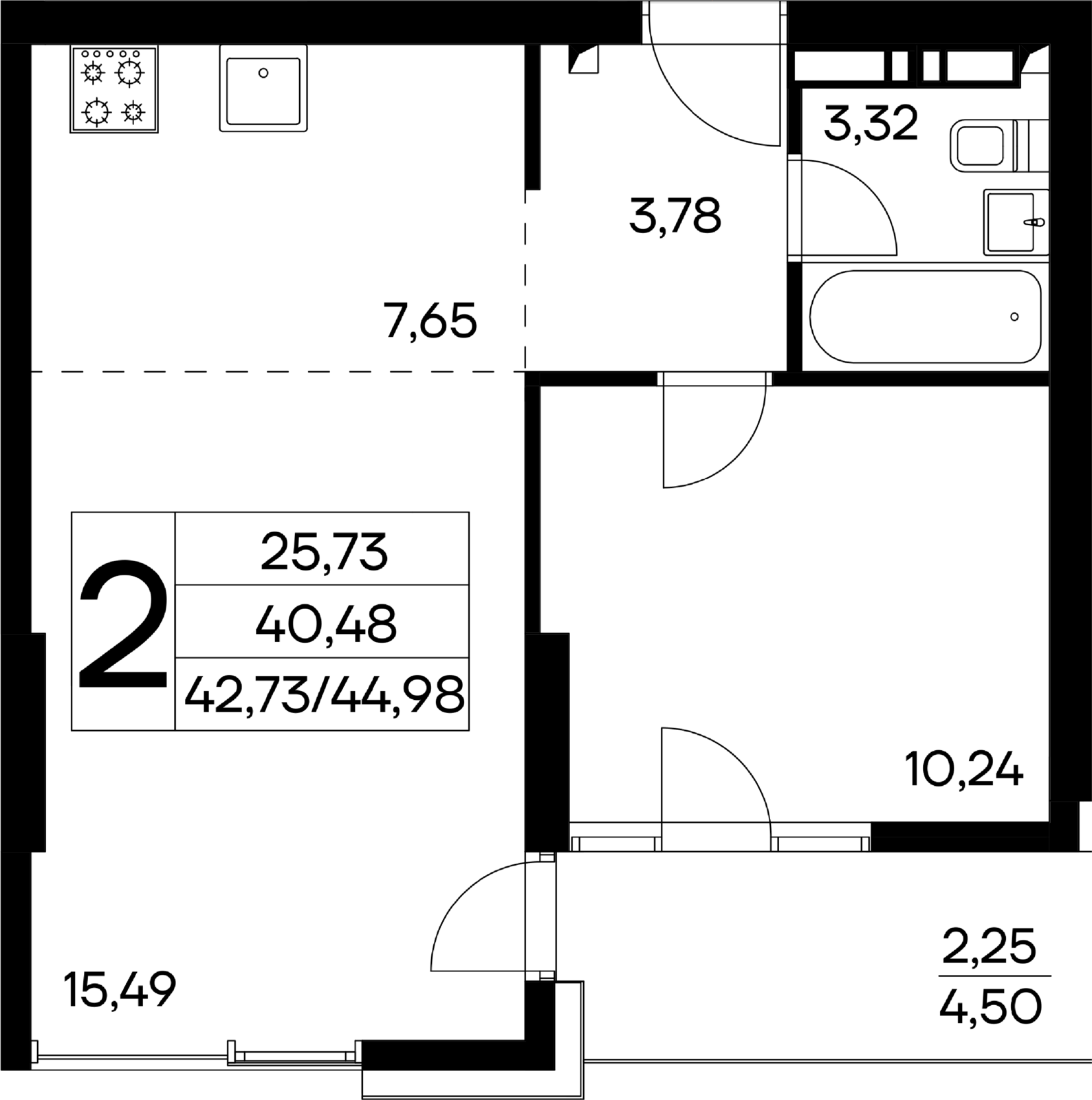 2-к, 44.98 м² · Лучистое
