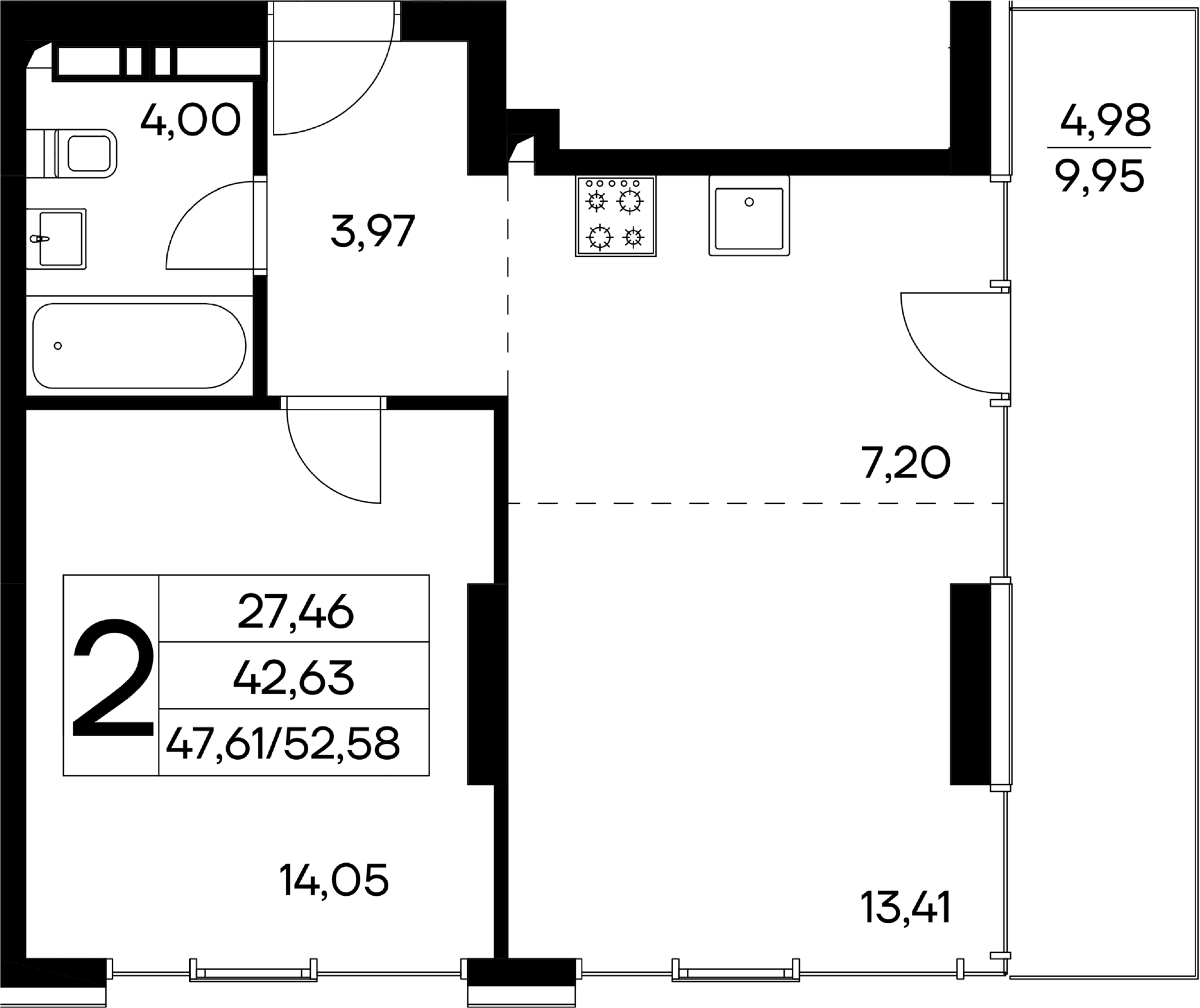 2-к, 52.58 м² · Лучистое