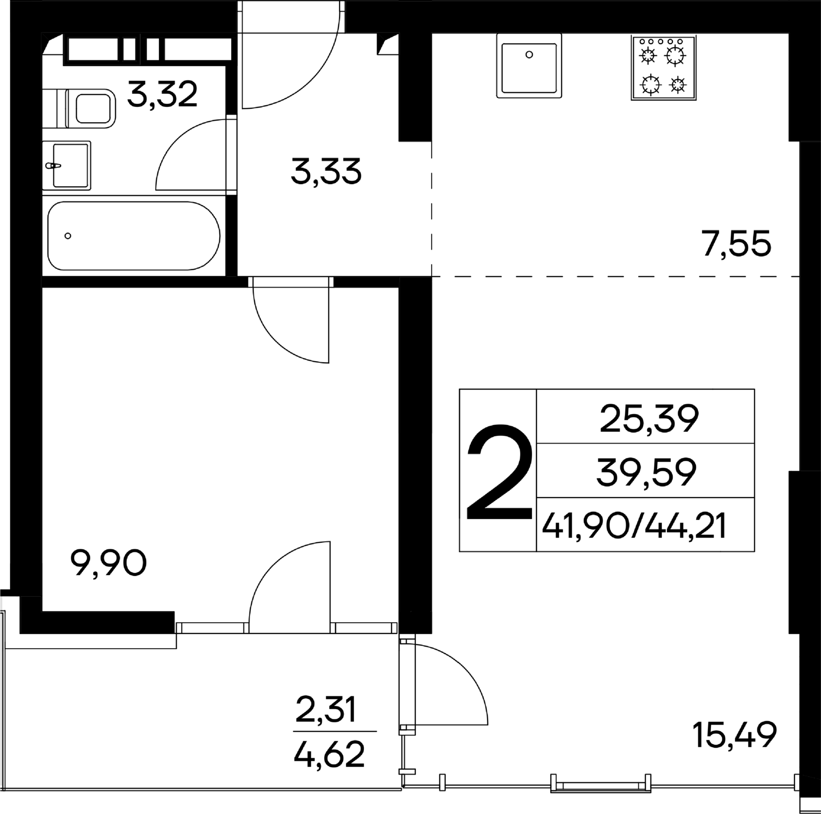 2-к, 44.21 м² · Лучистое