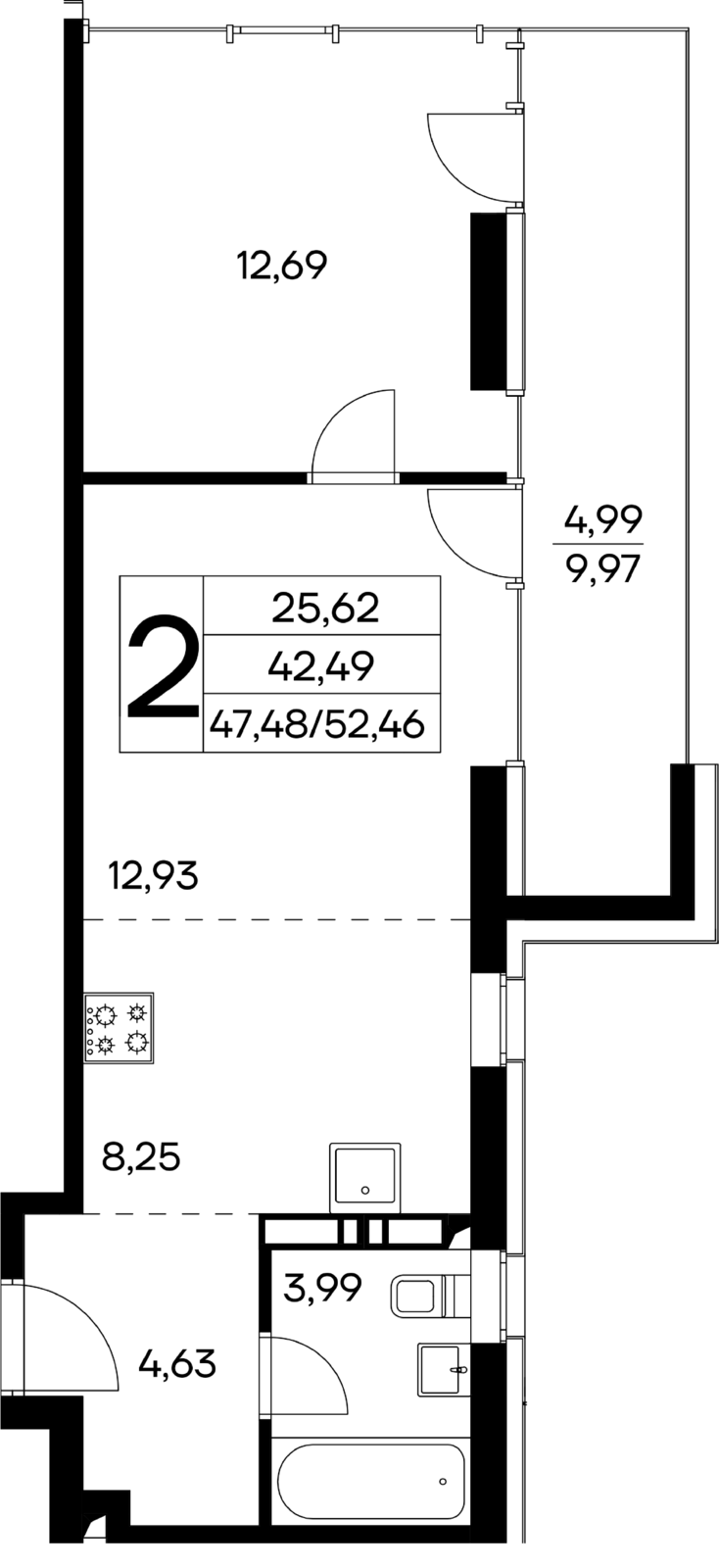 2-к, 52.46 м² · Лучистое