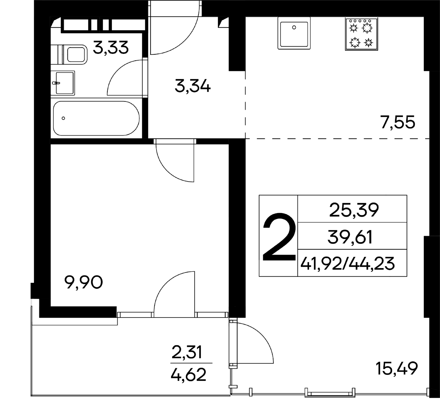 2-к, 44.23 м² · Лучистое