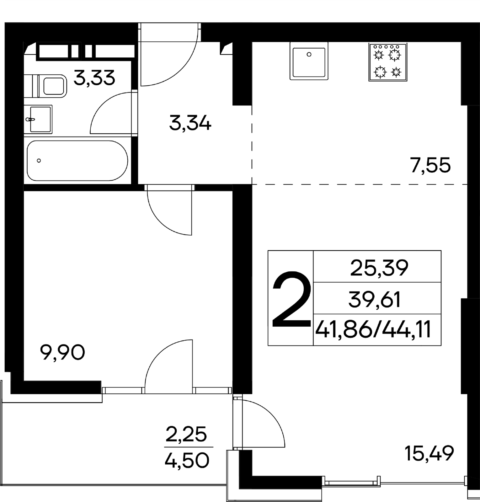 2-к, 44.11 м² · Лучистое