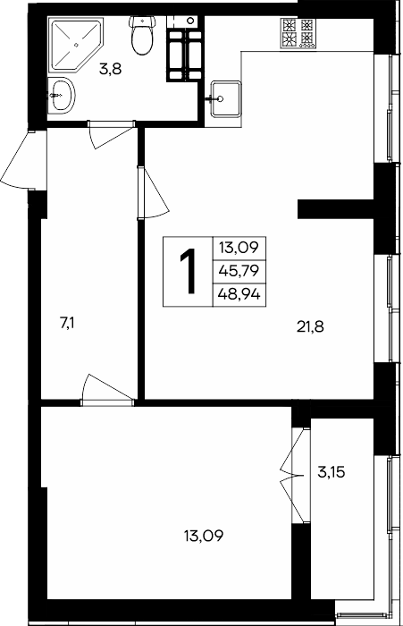 1-к, 48.94 м² · Семисчастье