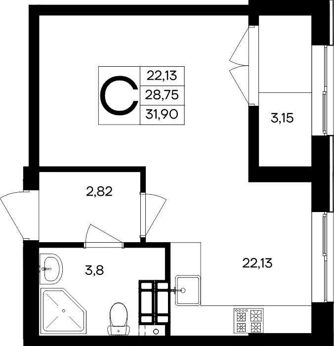 Студия, 31.9 м² · Семисчастье