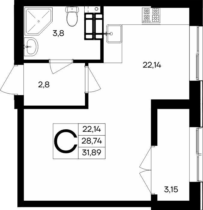 Студия, 31.89 м² · Семисчастье
