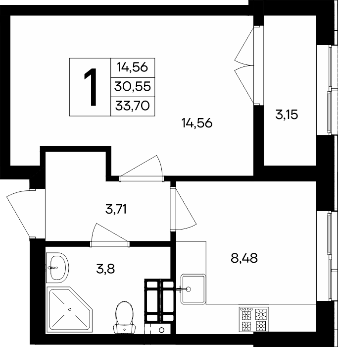 1-к, 33.7 м² · Семисчастье