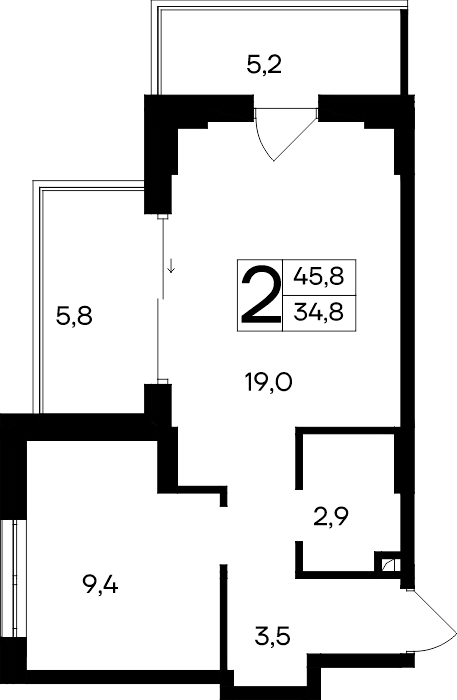 2-к, 45.8 м² · Ривьера Евпатории