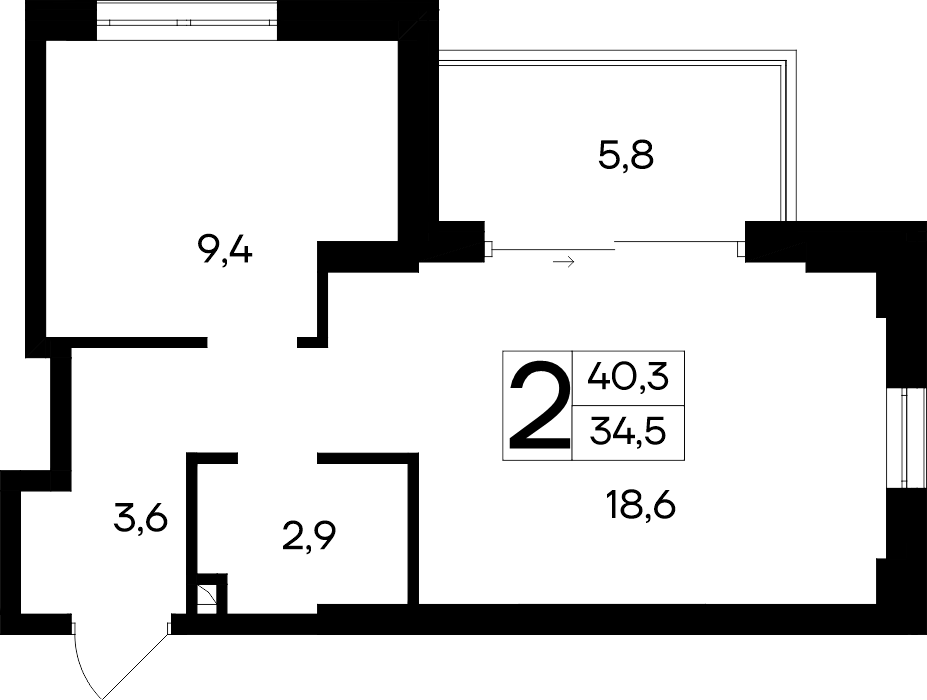 2-к, 40.3 м² · Ривьера Евпатории