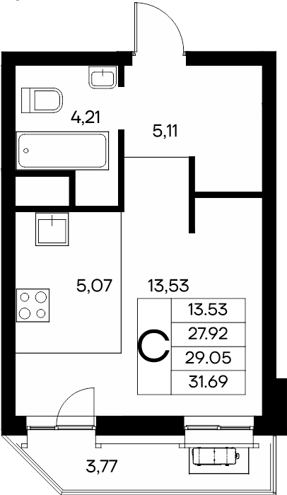 Студия, 31.69 м² · Новый Судак