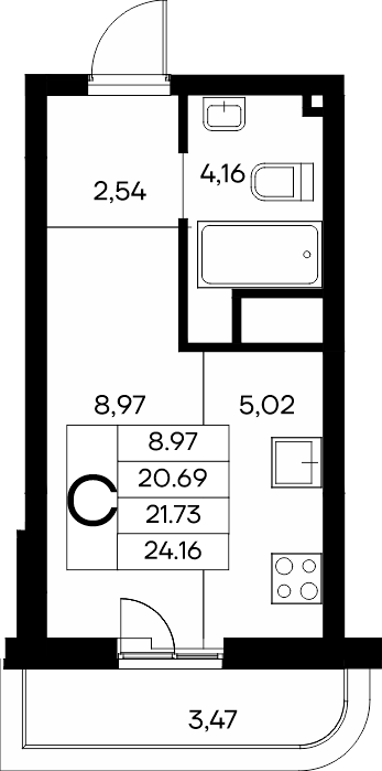 Студия, 24.16 м² · Новый Судак