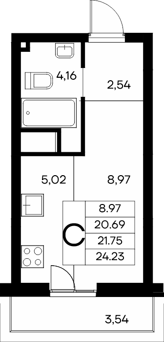 Студия, 24.23 м² · Новый Судак