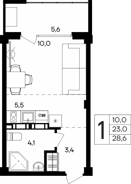 1-к, 28.6 м² · Альморе