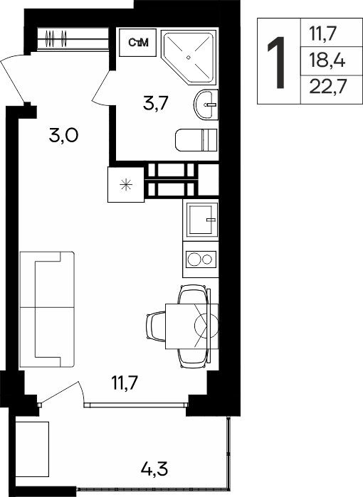 1-к, 22.7 м² · Альморе