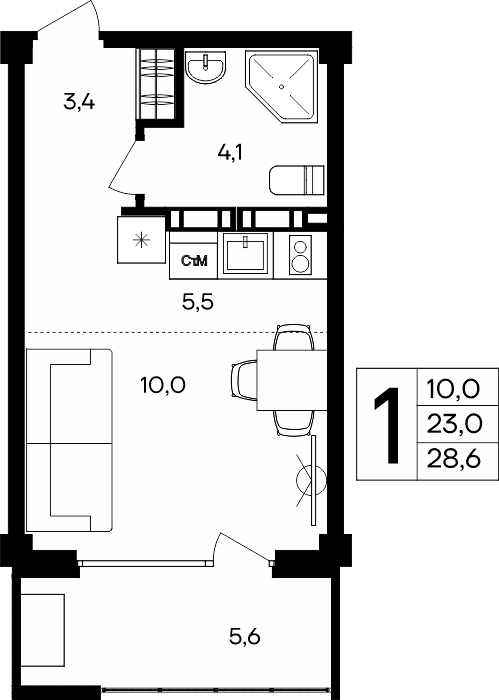 1-к, 28.6 м² · Альморе